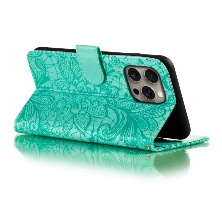 For iPhone 16 Pro Max Lace Flower Embossing Flip Leather Phone Case(Green) by buy2fix