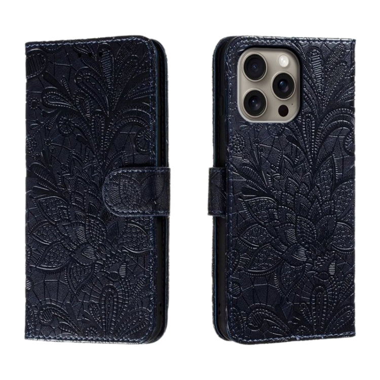 For iPhone 16 Pro Max Lace Flower Embossing Flip Leather Phone Case(Dark Blue) by buy2fix