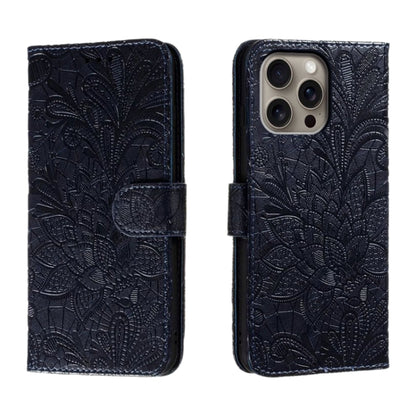 For iPhone 16 Pro Max Lace Flower Embossing Flip Leather Phone Case(Dark Blue) by buy2fix