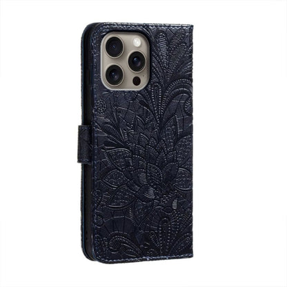 For iPhone 16 Pro Max Lace Flower Embossing Flip Leather Phone Case(Dark Blue) by buy2fix