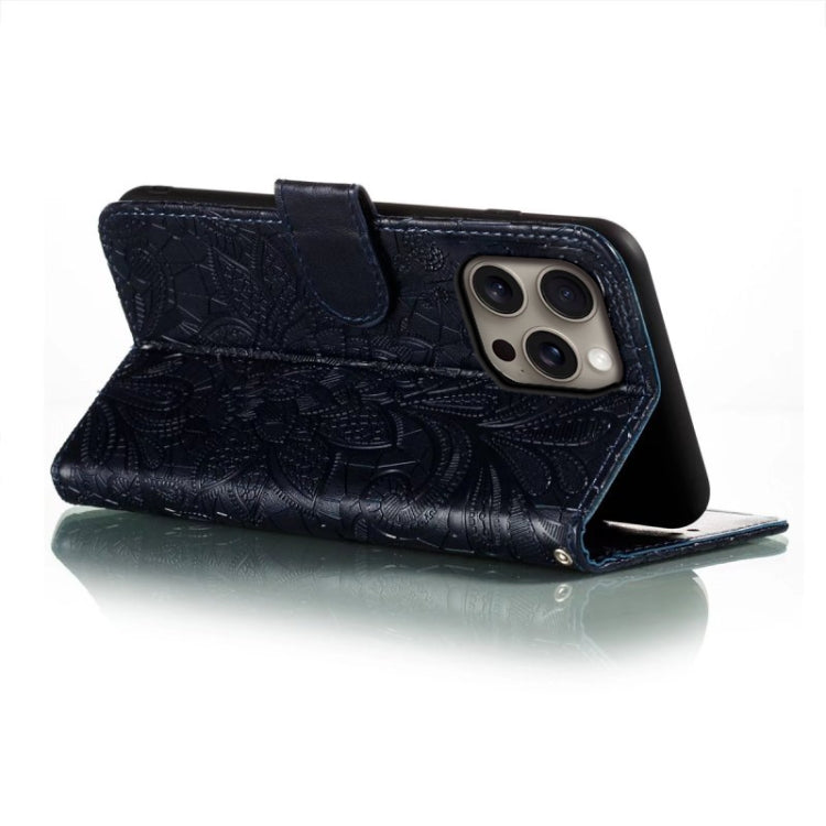 For iPhone 16 Pro Max Lace Flower Embossing Flip Leather Phone Case(Dark Blue) by buy2fix