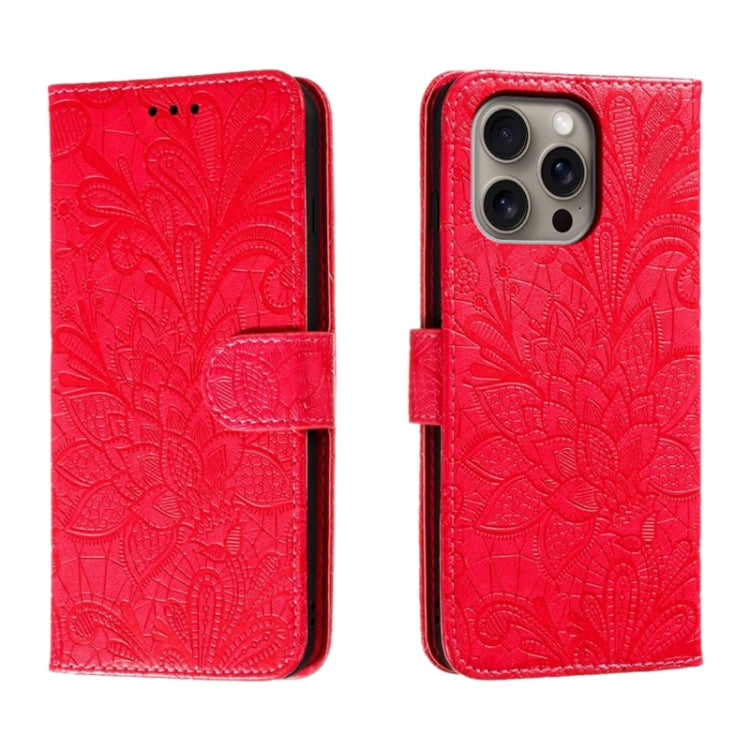 For iPhone 16 Pro Max Lace Flower Embossing Flip Leather Phone Case(Red) by buy2fix