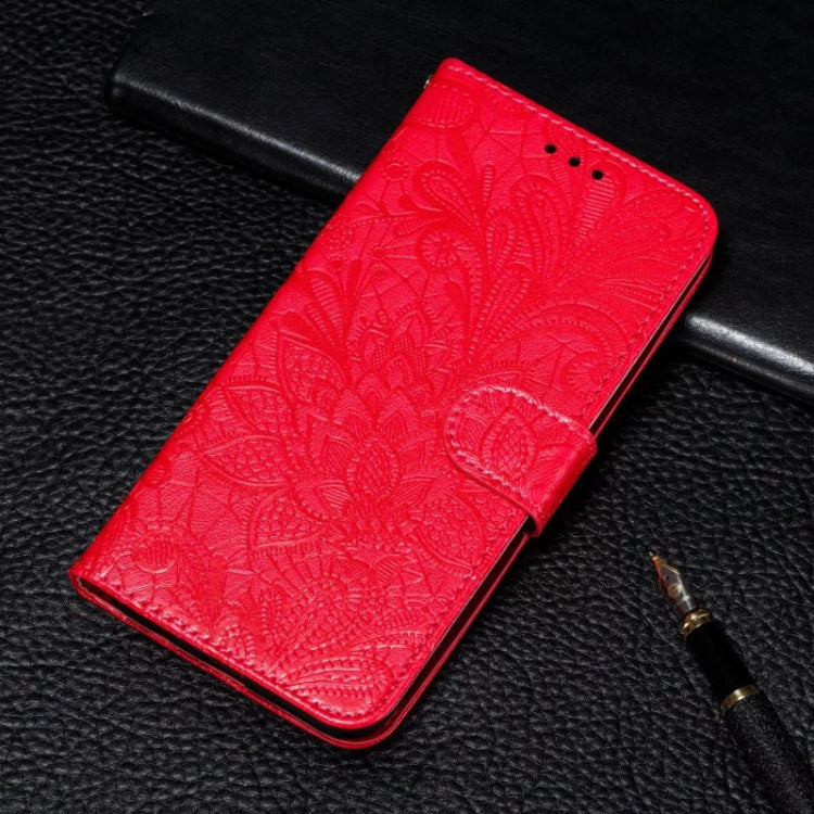 For iPhone 16 Pro Max Lace Flower Embossing Flip Leather Phone Case(Red) by buy2fix
