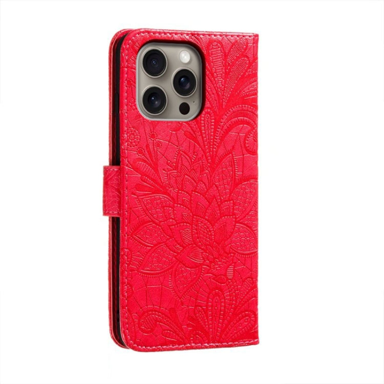 For iPhone 16 Pro Max Lace Flower Embossing Flip Leather Phone Case(Red) by buy2fix