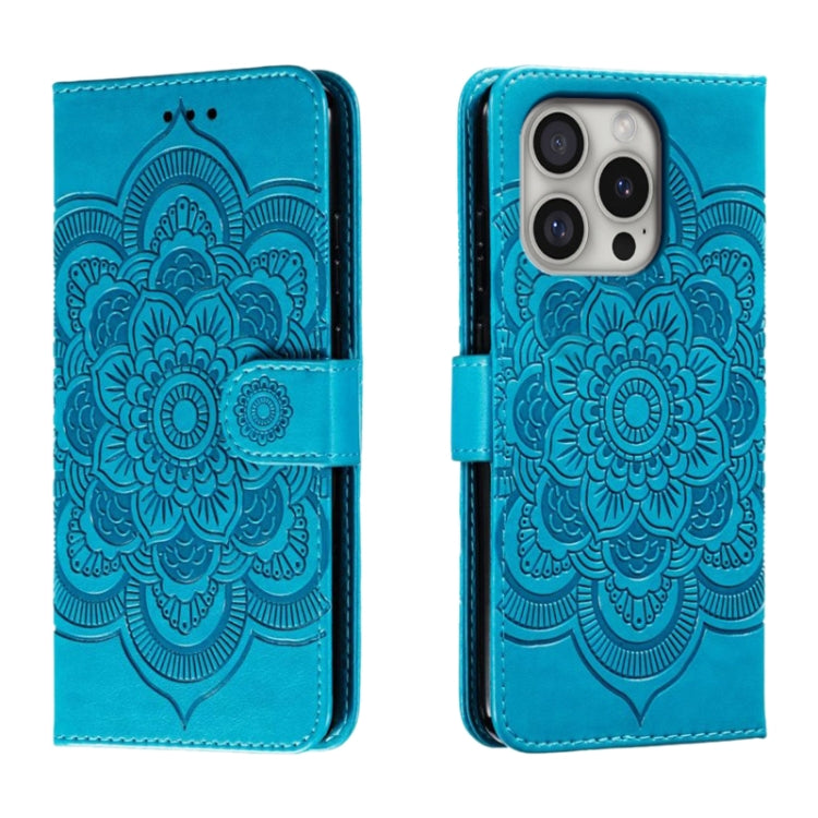 For iPhone 16 Pro Mandala Embossing Pattern Horizontal Flip Leather Phone Case(Blue) by buy2fix