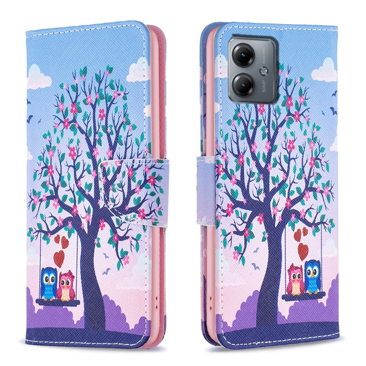 For Motorola Moto G14 4G Colored Drawing Pattern Leather Phone Case(Owl) by buy2fix