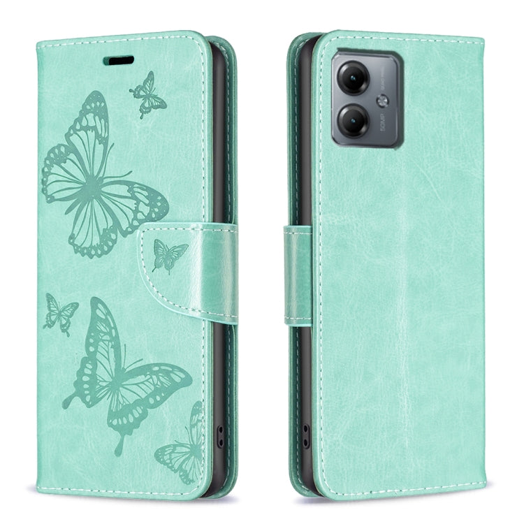 For Motorola Moto G14 4G Embossing Two Butterflies Pattern Leather Phone Case(Green) by buy2fix