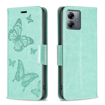 For Motorola Moto G14 4G Embossing Two Butterflies Pattern Leather Phone Case(Green) by buy2fix