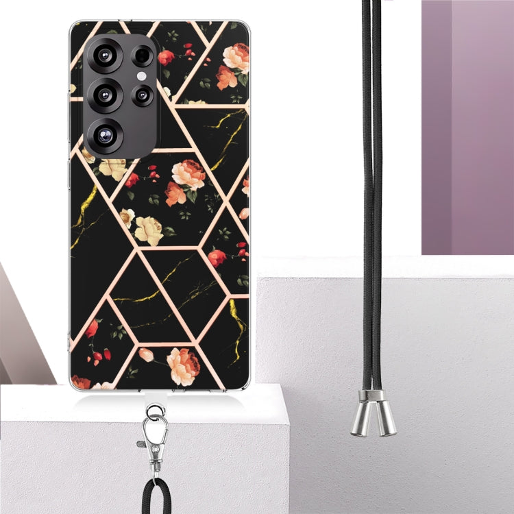 For Samsung Galaxy S25 Ultra 5G Electroplating Splicing Marble Flower IMD TPU Phone Case with Lanyard(Black Flower) by buy2fix