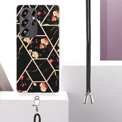 For Samsung Galaxy S25 Ultra 5G Electroplating Splicing Marble Flower IMD TPU Phone Case with Lanyard(Black Flower) by buy2fix