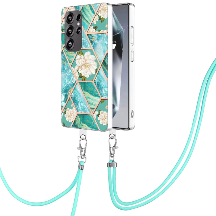 For Samsung Galaxy S25 Ultra 5G Electroplating Splicing Marble Flower IMD TPU Phone Case with Lanyard(Blue Flower) by buy2fix