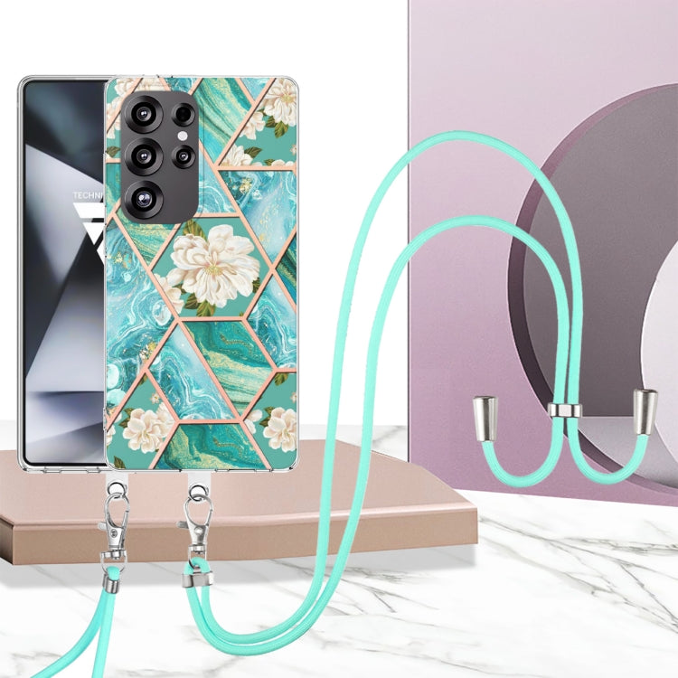 For Samsung Galaxy S25 Ultra 5G Electroplating Splicing Marble Flower IMD TPU Phone Case with Lanyard(Blue Flower) by buy2fix