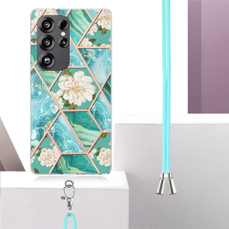 For Samsung Galaxy S25 Ultra 5G Electroplating Splicing Marble Flower IMD TPU Phone Case with Lanyard(Blue Flower) by buy2fix