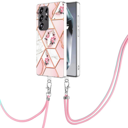 For Samsung Galaxy S25 Ultra 5G Electroplating Splicing Marble Flower IMD TPU Phone Case with Lanyard(Pink Flower) by buy2fix