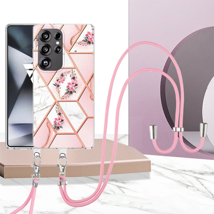 For Samsung Galaxy S25 Ultra 5G Electroplating Splicing Marble Flower IMD TPU Phone Case with Lanyard(Pink Flower) by buy2fix