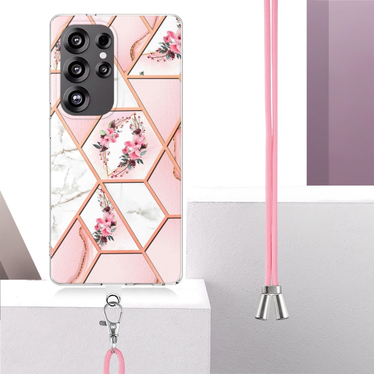 For Samsung Galaxy S25 Ultra 5G Electroplating Splicing Marble Flower IMD TPU Phone Case with Lanyard(Pink Flower) by buy2fix