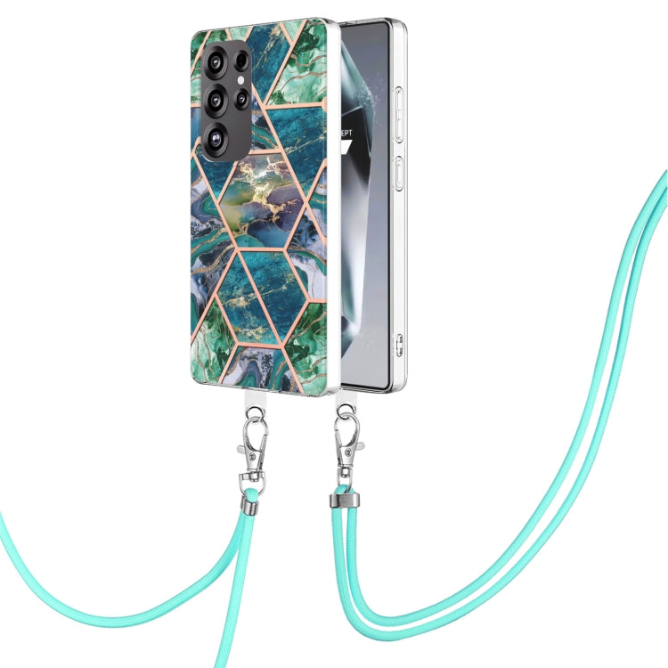 For Samsung Galaxy S25 Ultra 5G Electroplating IMD Splicing Dual-side Marble TPU Phone Case with Lanyard(Blue Green) by buy2fix