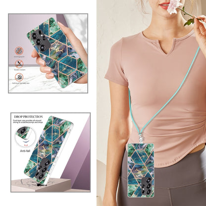 For Samsung Galaxy S25 Ultra 5G Electroplating IMD Splicing Dual-side Marble TPU Phone Case with Lanyard(Blue Green) by buy2fix