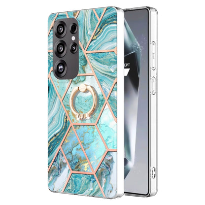 For Samsung Galaxy S25 Ultra 5G Splicing Marble Flower IMD TPU Phone Case Ring Holder(Blue) by buy2fix