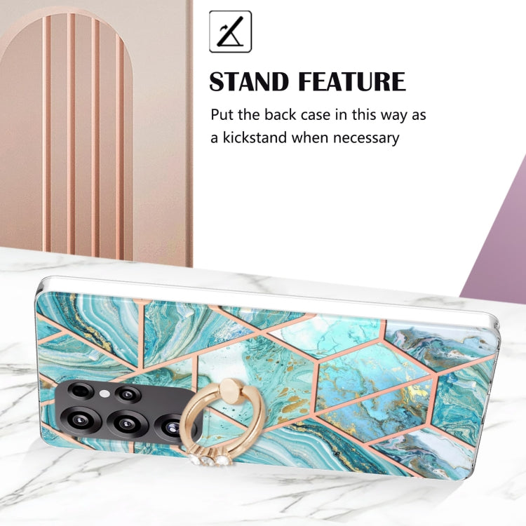 For Samsung Galaxy S25 Ultra 5G Splicing Marble Flower IMD TPU Phone Case Ring Holder(Blue) by buy2fix