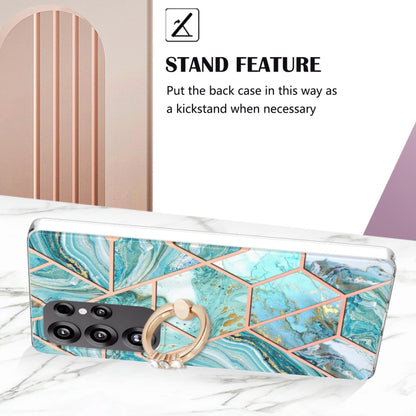 For Samsung Galaxy S25 Ultra 5G Splicing Marble Flower IMD TPU Phone Case Ring Holder(Blue) by buy2fix