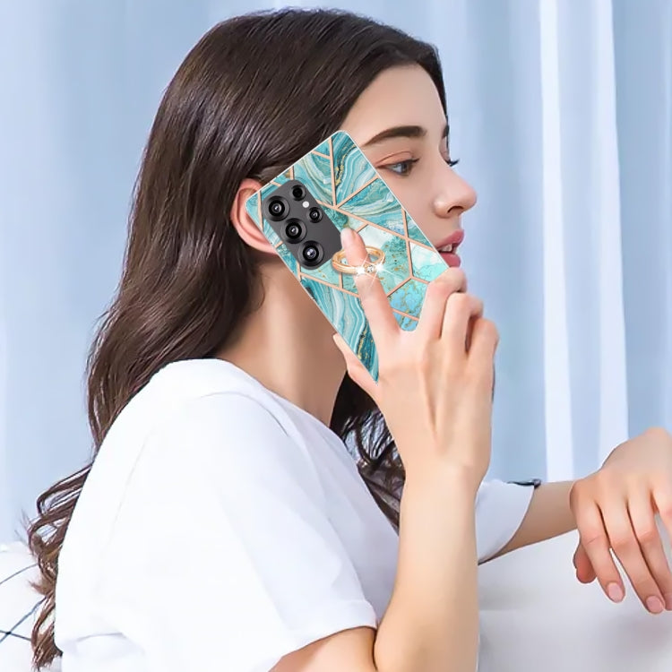 For Samsung Galaxy S25 Ultra 5G Splicing Marble Flower IMD TPU Phone Case Ring Holder(Blue) by buy2fix