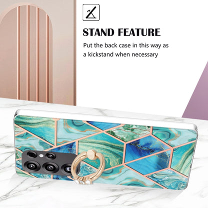 For Samsung Galaxy S25 Ultra 5G Splicing Marble Flower IMD TPU Phone Case Ring Holder(Green) by buy2fix