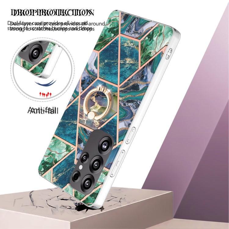 For Samsung Galaxy S25 Ultra 5G Splicing Marble Flower IMD TPU Phone Case Ring Holder(Blue Green) by buy2fix