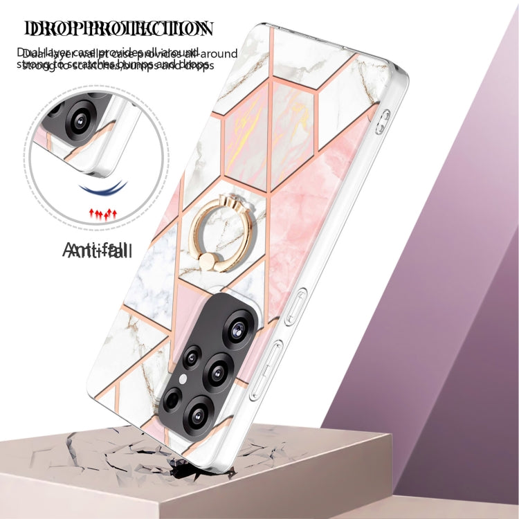 For Samsung Galaxy S25 Ultra 5G Splicing Marble Flower IMD TPU Phone Case Ring Holder(Pink White) by buy2fix