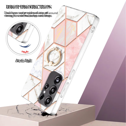 For Samsung Galaxy S25 Ultra 5G Splicing Marble Flower IMD TPU Phone Case Ring Holder(Pink White) by buy2fix