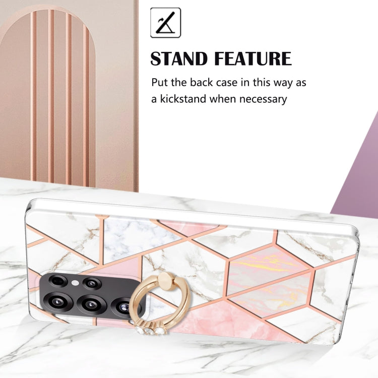 For Samsung Galaxy S25 Ultra 5G Splicing Marble Flower IMD TPU Phone Case Ring Holder(Pink White) by buy2fix