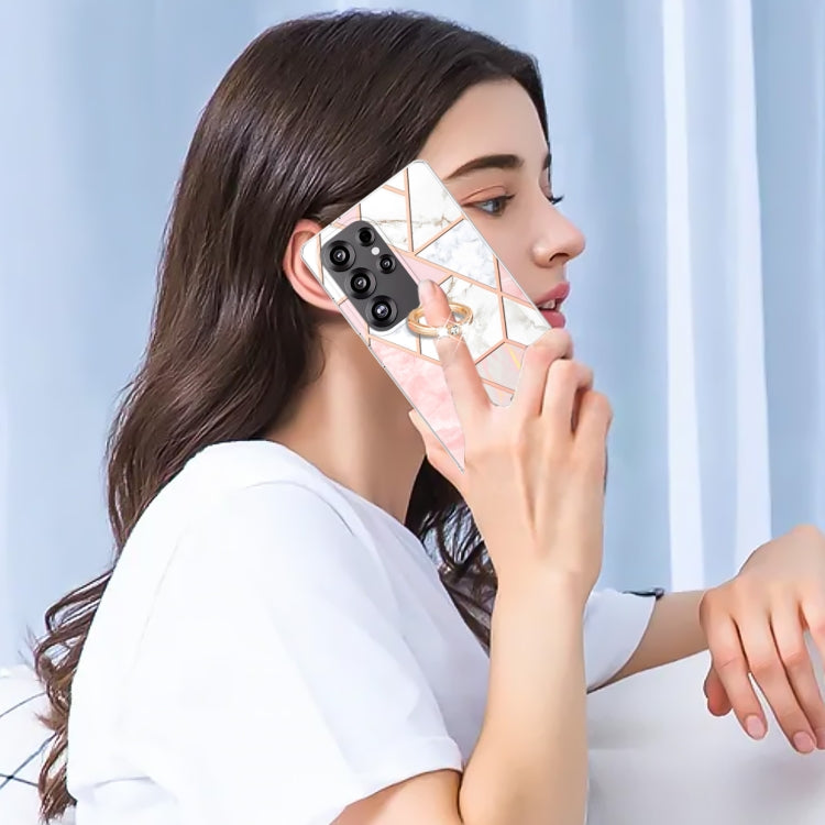 For Samsung Galaxy S25 Ultra 5G Splicing Marble Flower IMD TPU Phone Case Ring Holder(Pink White) by buy2fix