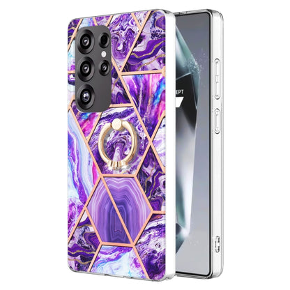 For Samsung Galaxy S25 Ultra 5G Splicing Marble Flower IMD TPU Phone Case Ring Holder(Dark Purple) by buy2fix