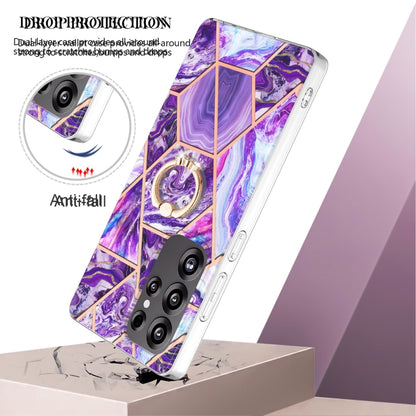 For Samsung Galaxy S25 Ultra 5G Splicing Marble Flower IMD TPU Phone Case Ring Holder(Dark Purple) by buy2fix