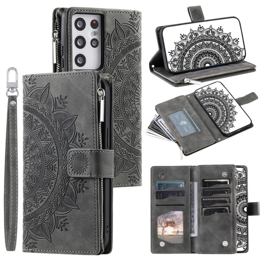 For Samsung Galaxy S21 Ultra 5G Multi-Card Totem Zipper Leather Phone Case(Grey)
