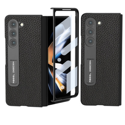 For Samsung Galaxy Z Fold5 ABEEL Integrated Genuine Leather Litchi Texture Phone Case with Holder(Black) - Galaxy Z Fold5 Cases by buy2fix | Online Shopping UK | buy2fix