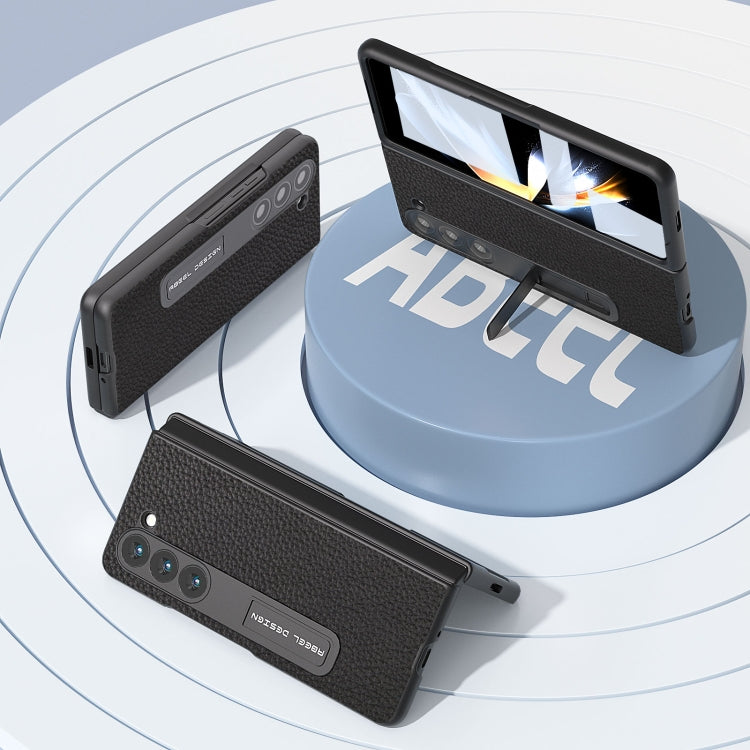 For Samsung Galaxy Z Fold5 ABEEL Integrated Genuine Leather Litchi Texture Phone Case with Holder(Black) - Galaxy Z Fold5 Cases by buy2fix | Online Shopping UK | buy2fix