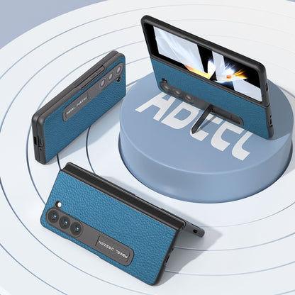 For Samsung Galaxy Z Fold5 ABEEL Integrated Genuine Leather Litchi Texture Phone Case with Holder(Blue) - Galaxy Z Fold5 Cases by buy2fix | Online Shopping UK | buy2fix