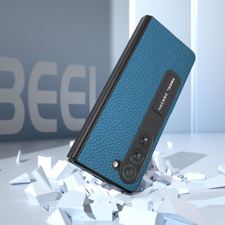 For Samsung Galaxy Z Fold5 ABEEL Integrated Genuine Leather Litchi Texture Phone Case with Holder(Blue) - Galaxy Z Fold5 Cases by buy2fix | Online Shopping UK | buy2fix