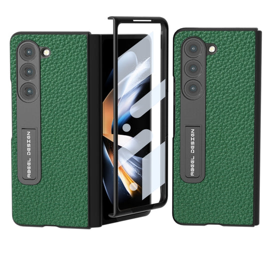 For Samsung Galaxy Z Fold5 ABEEL Integrated Genuine Leather Litchi Texture Phone Case with Holder(Green) - Galaxy Z Fold5 Cases by buy2fix | Online Shopping UK | buy2fix