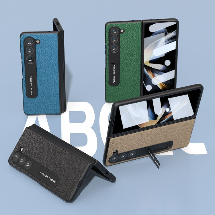 For Samsung Galaxy Z Fold5 ABEEL Integrated Genuine Leather Litchi Texture Phone Case with Holder(Green) - Galaxy Z Fold5 Cases by buy2fix | Online Shopping UK | buy2fix