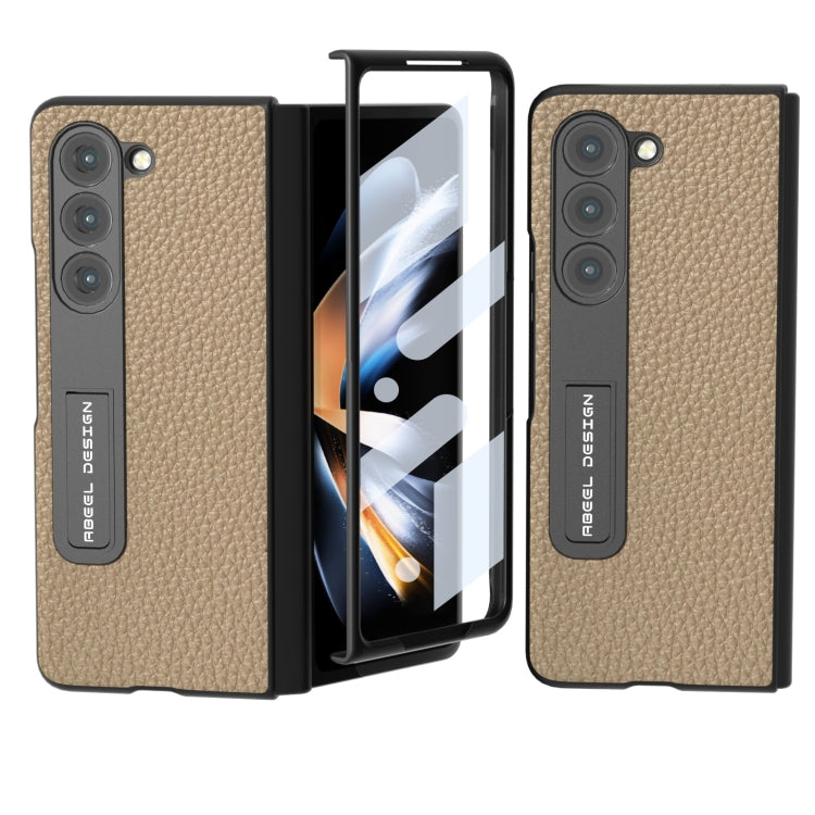 For Samsung Galaxy Z Fold5 ABEEL Integrated Genuine Leather Litchi Texture Phone Case with Holder(Grey) - Galaxy Z Fold5 Cases by buy2fix | Online Shopping UK | buy2fix