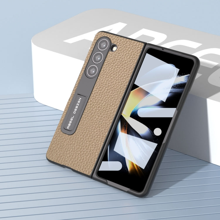For Samsung Galaxy Z Fold5 ABEEL Integrated Genuine Leather Litchi Texture Phone Case with Holder(Grey) - Galaxy Z Fold5 Cases by buy2fix | Online Shopping UK | buy2fix