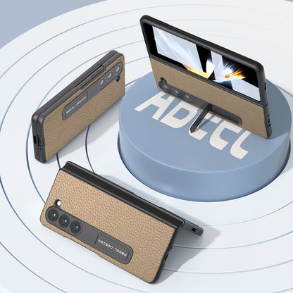 For Samsung Galaxy Z Fold5 ABEEL Integrated Genuine Leather Litchi Texture Phone Case with Holder(Grey) - Galaxy Z Fold5 Cases by buy2fix | Online Shopping UK | buy2fix