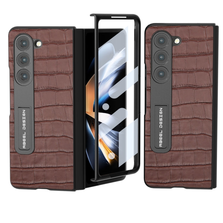 For Samsung Galaxy Z Fold5 ABEEL Integrated Crocodile Texture Genuine Leather Phone Case with Holder(Brown) - Galaxy Z Fold5 Cases by buy2fix | Online Shopping UK | buy2fix