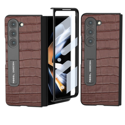 For Samsung Galaxy Z Fold5 ABEEL Integrated Crocodile Texture Genuine Leather Phone Case with Holder(Brown) - Galaxy Z Fold5 Cases by buy2fix | Online Shopping UK | buy2fix