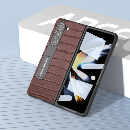 For Samsung Galaxy Z Fold5 ABEEL Integrated Crocodile Texture Genuine Leather Phone Case with Holder(Brown) - Galaxy Z Fold5 Cases by buy2fix | Online Shopping UK | buy2fix