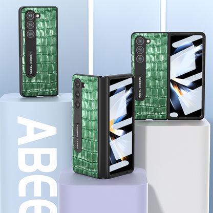 For Samsung Galaxy Z Fold5 ABEEL Integrated Crocodile Texture Genuine Leather Phone Case with Holder(Green) - Galaxy Z Fold5 Cases by buy2fix | Online Shopping UK | buy2fix