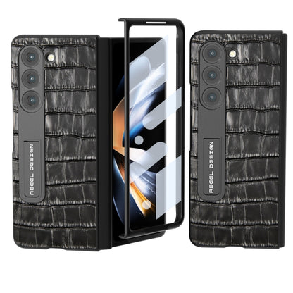 For Samsung Galaxy Z Fold5 ABEEL Integrated Crocodile Texture Genuine Leather Phone Case with Holder(Black) - Galaxy Z Fold5 Cases by buy2fix | Online Shopping UK | buy2fix