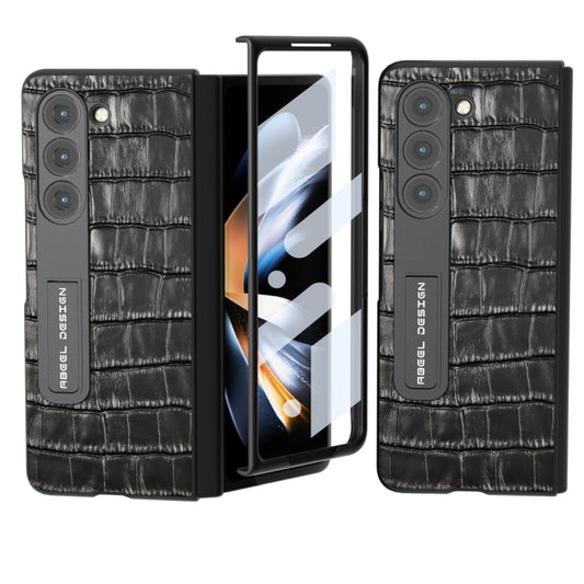 For Samsung Galaxy Z Fold5 ABEEL Integrated Crocodile Texture Genuine Leather Phone Case with Holder(Black) - Galaxy Z Fold5 Cases by buy2fix | Online Shopping UK | buy2fix